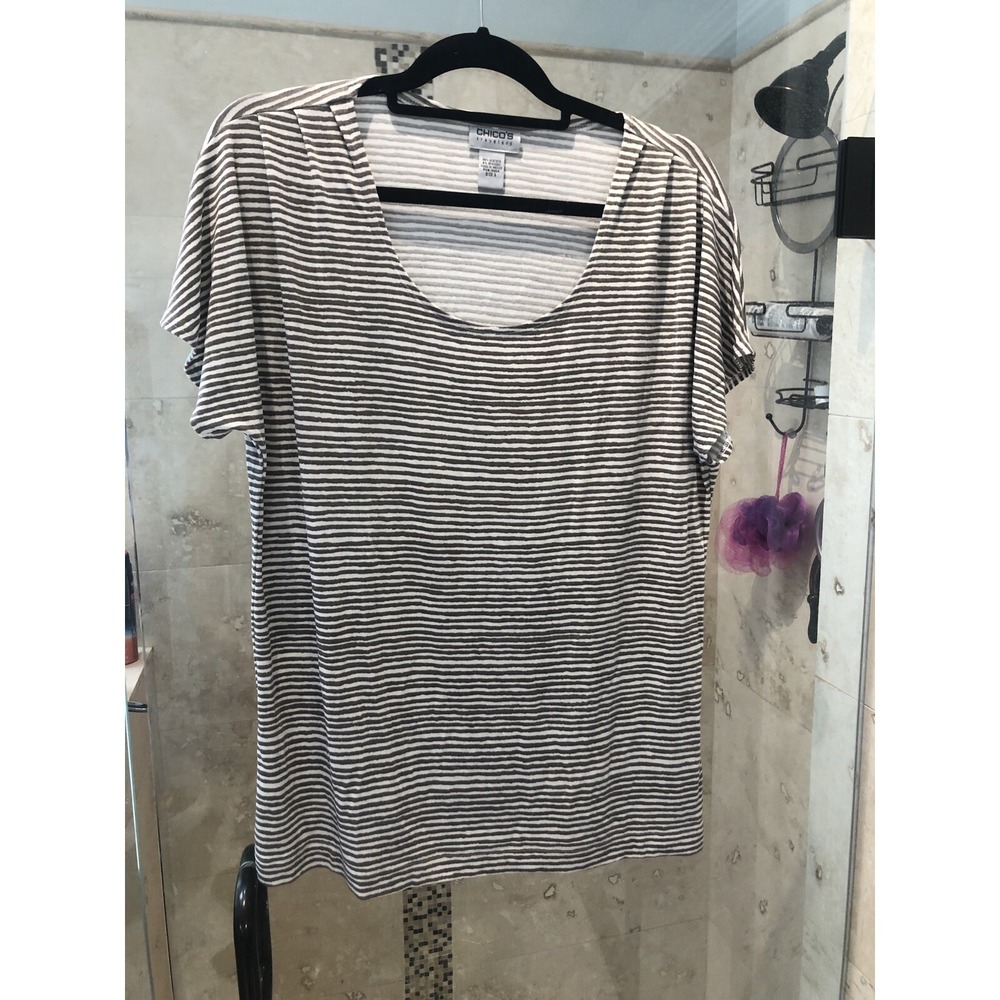 Chico's Travelers size 3 top blouse tunic tan black stripes XL 16 3/4 sleeves